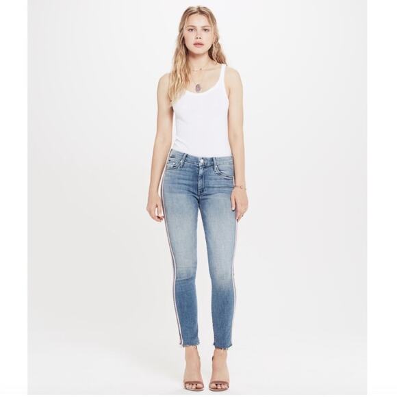 Mother Looker Ankle Fray Jeans in Light Wash Side Stripe Blue Pink Size 29 - Picture 11 of 11